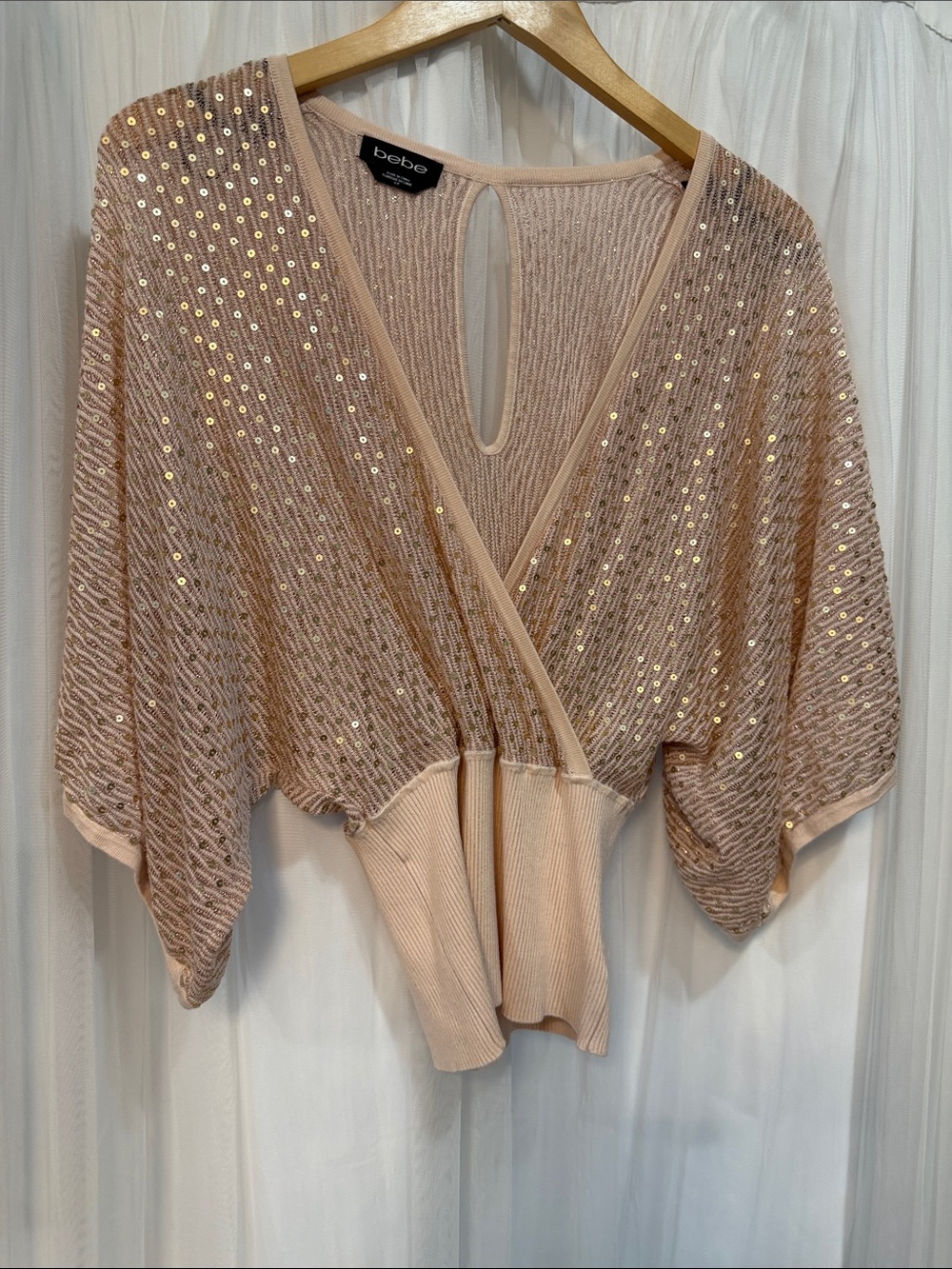 bebe Blush Sequin Wrap-Front Knit Top